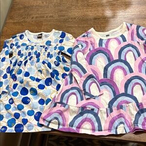 Pair of Tea Collection dresses, size 2T. 2 long sleeve cotton knit dresses